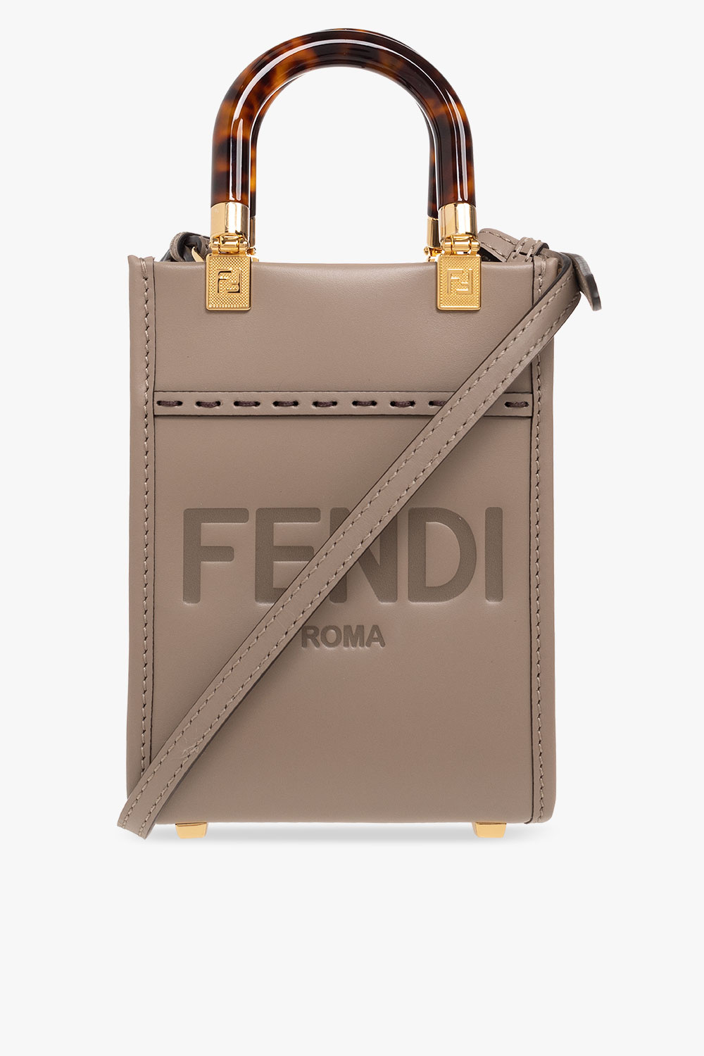 FENDI: Sunshine bag in leather with embossed logo - Beige
