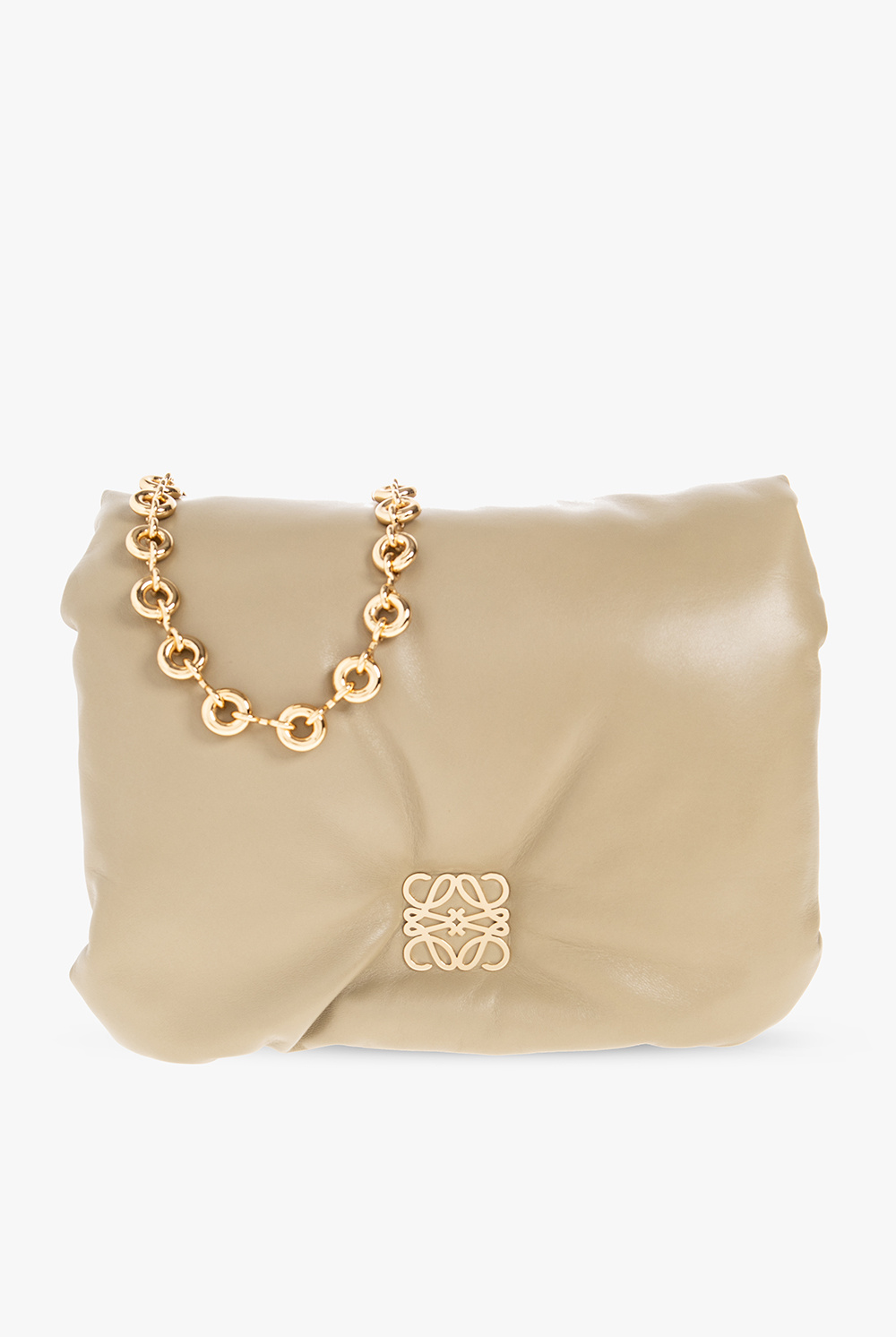 Brown Leather Puffer Goya Gold Chain Shoulder Bag - GBNY