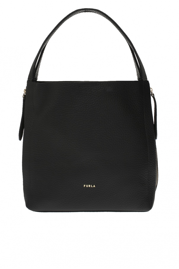 Furla Black Tan White Calfskin Leather Mini Luggage Tote MONOGRAMMED bag