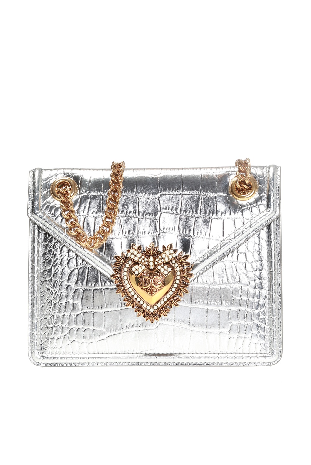 Dolce & Gabbana White Leather Gold Heart Devotion Small Shoulder Purse in  Metallic
