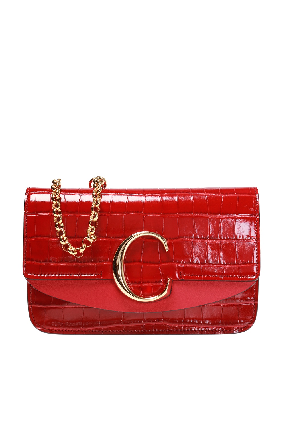 Chloe C Chain Clutch Crocodile Embossed Leather Pink