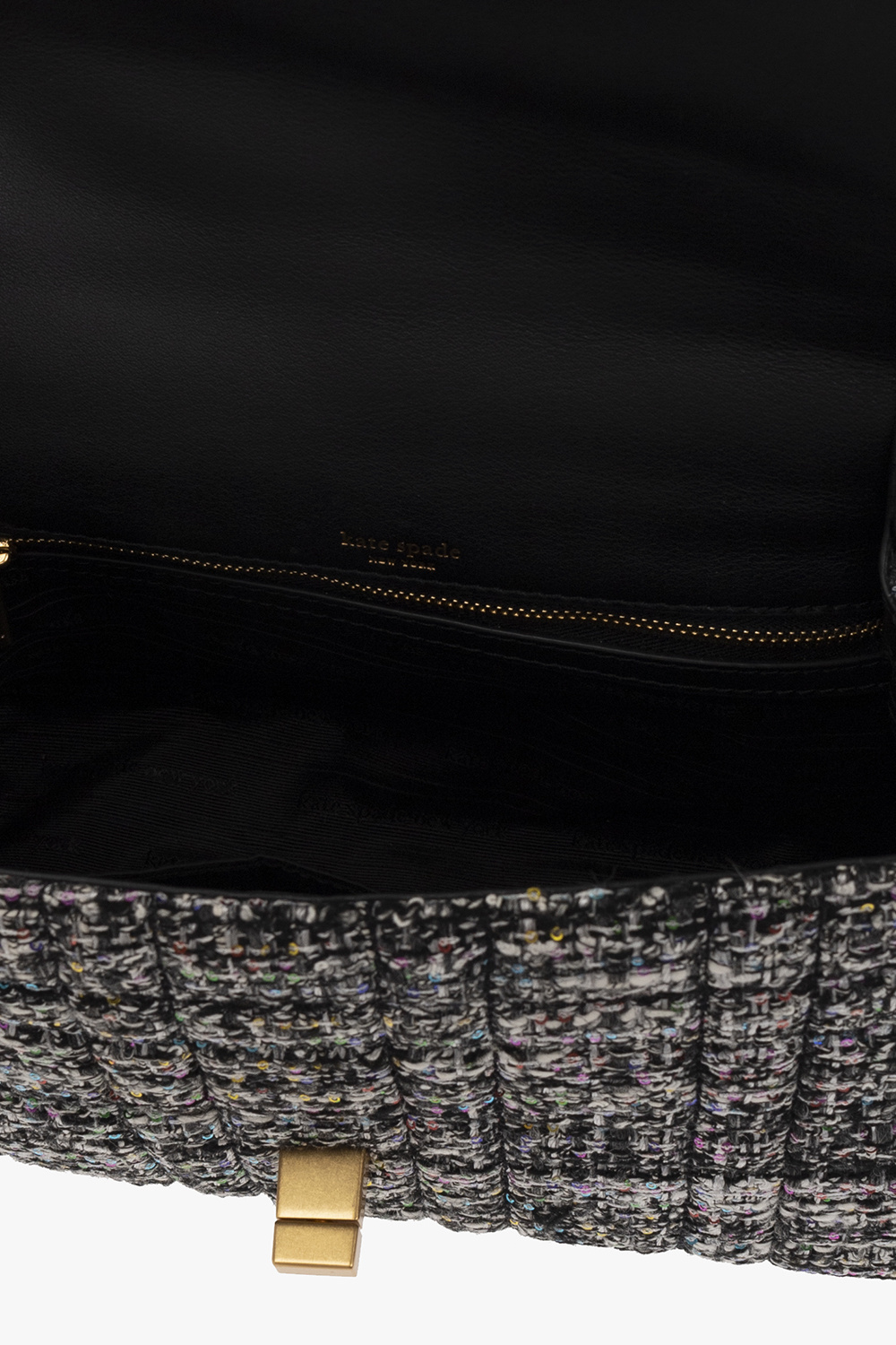 Kate Spade Brown, Black, Gold Tweed Patent Detail Double Top Handle Bag