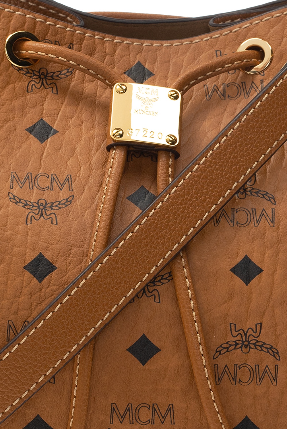 MCM Munchen Monogram Calfskin Leather Tote Shoulder Bag Cognac