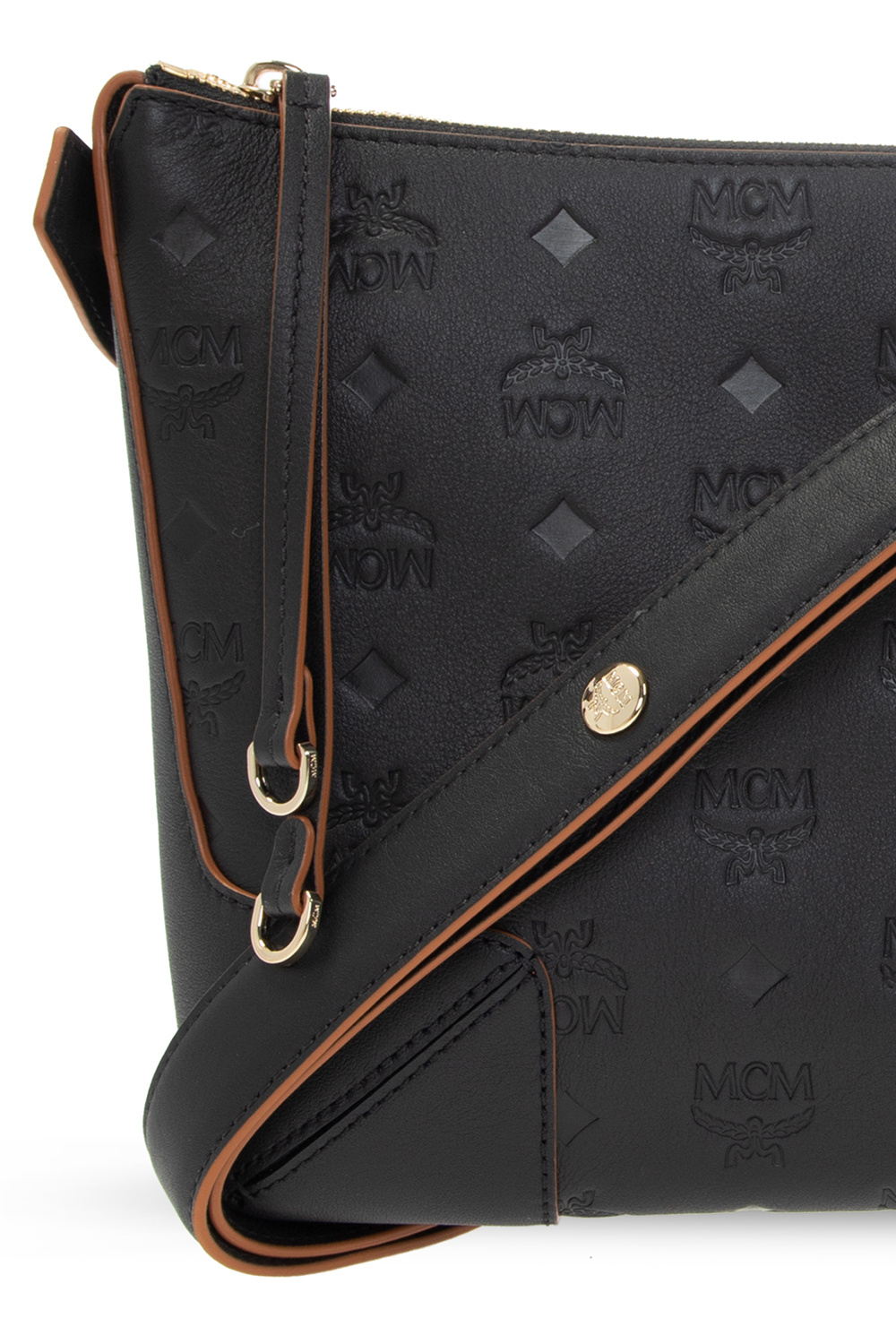 MCM shoulder bag black gold metal fittings leather used clutch bag