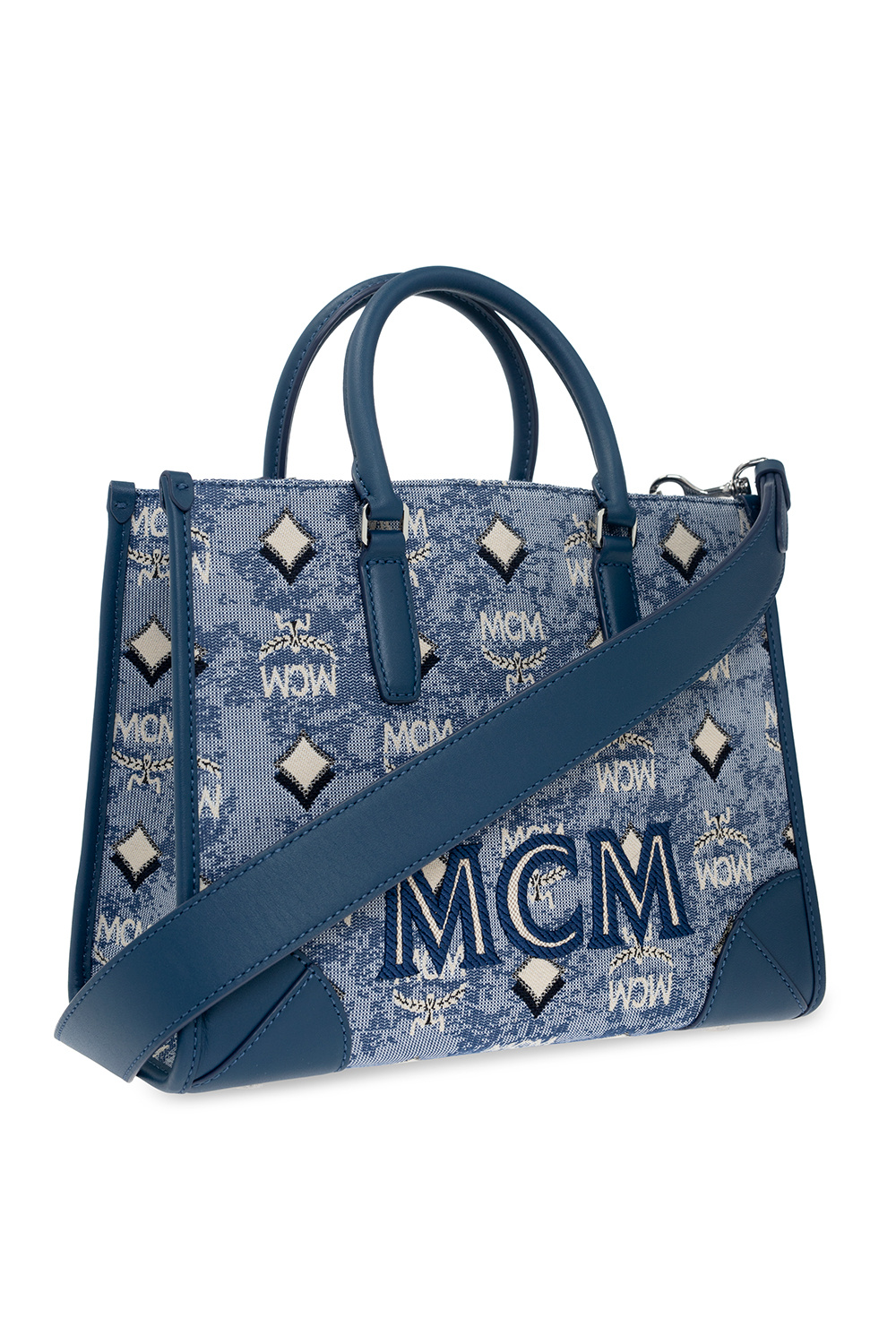 MCM Boston Medium Blue Vintage Denim Fabric Duffle Bag Crossbody Bag P