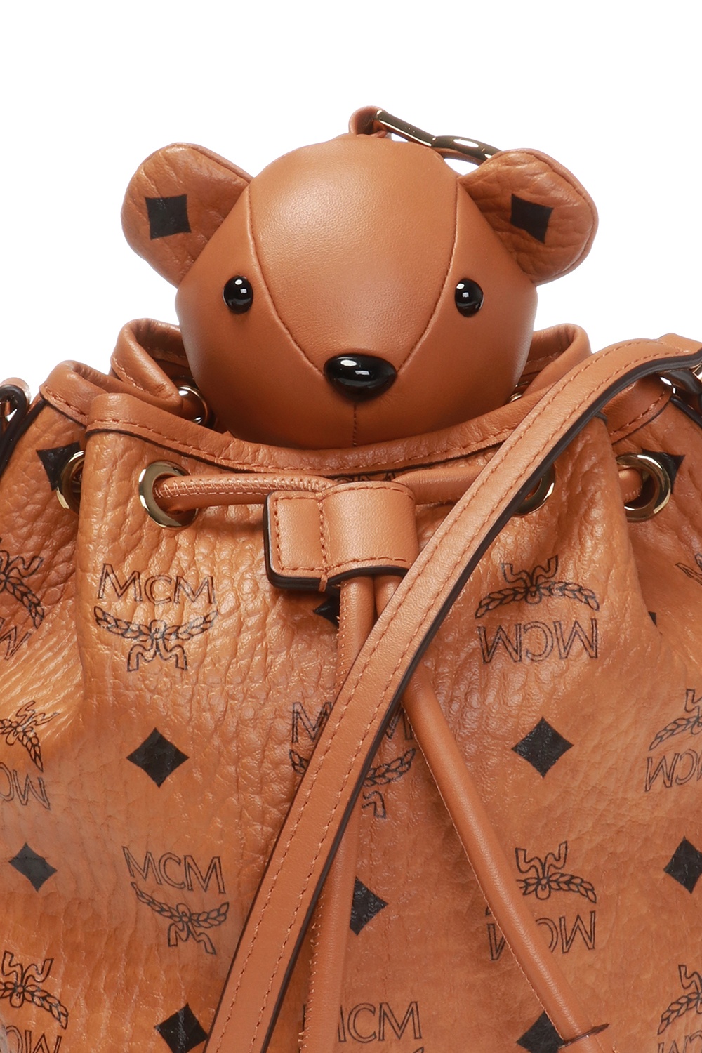 Mcm Visetos Leather Jacket Bear Charm In Cognac/gold