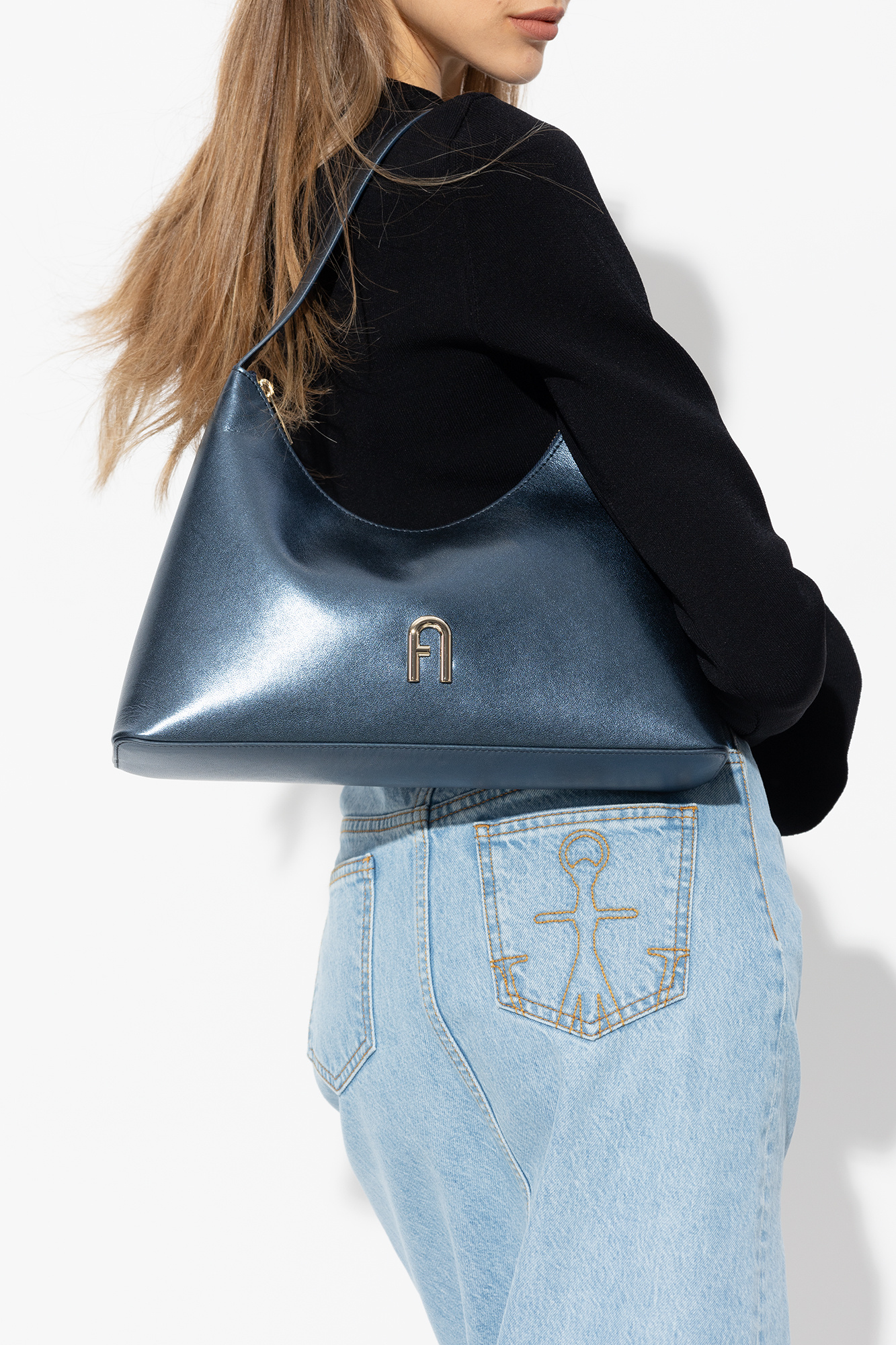 Women Elegant Denim Diamante Shoulder Bag Blue