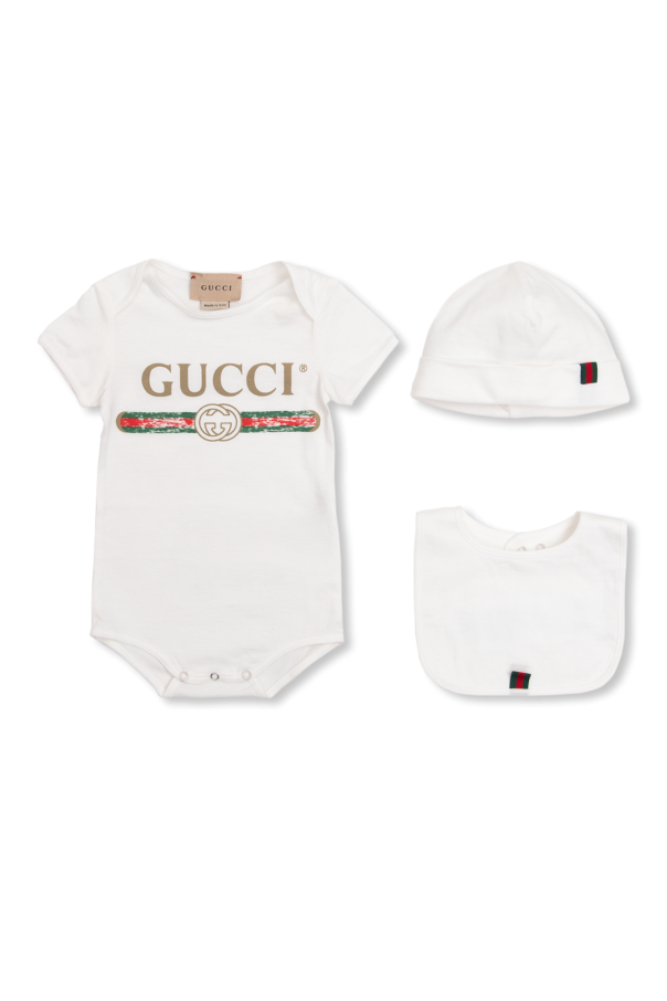Gucci Kids, Cotton Bodysuit, Bib and Hat Set, Unisex, White, 12, Baby Onesies
