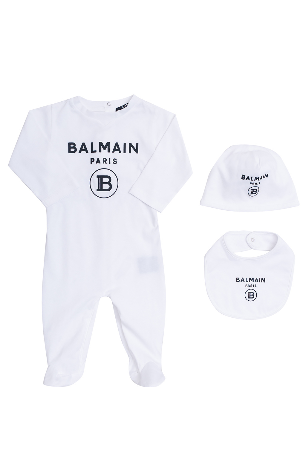 Balmain Kids Romper suit, bib & beanie set