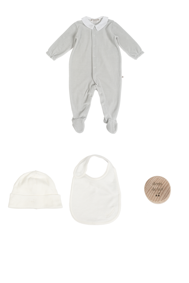 Bonpoint  Set: romper, P22F063-TAN hat, bib, and tooth fairy box