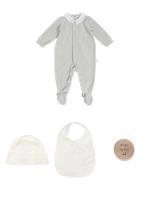 Conjunto: pelele, gorro, babero y caja para dientes de leche
